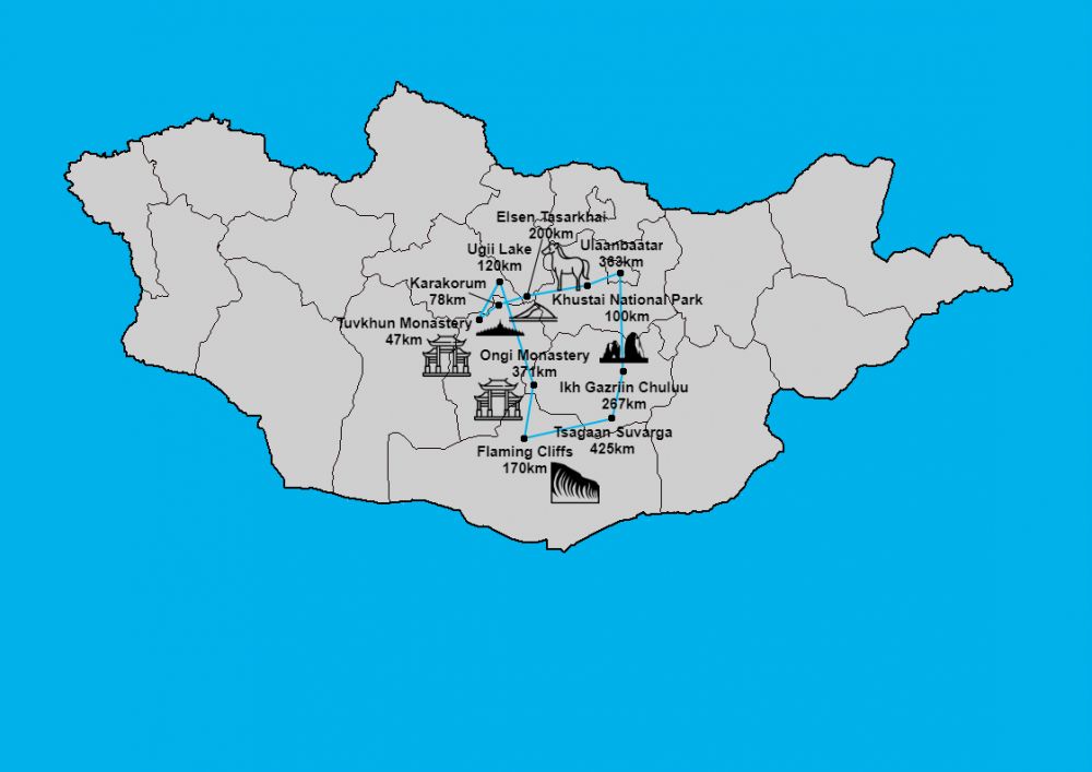 Central Mongolia and Gobi Trip map