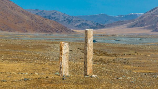 Artistic depiction of ancient deer stones with Turkic inscriptions